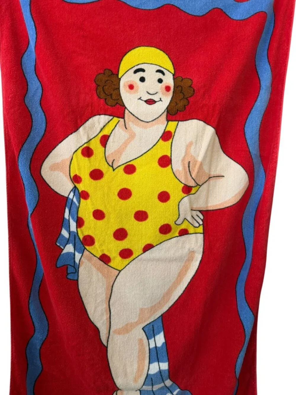 Vintage Novelty Beach Pool Towel Retro Bathing Beauty Cartoon Red Yellow Circus